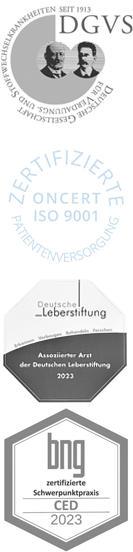 Qualitätslogos: DGVS, CERT iQ, Deutsche Leberstiftung